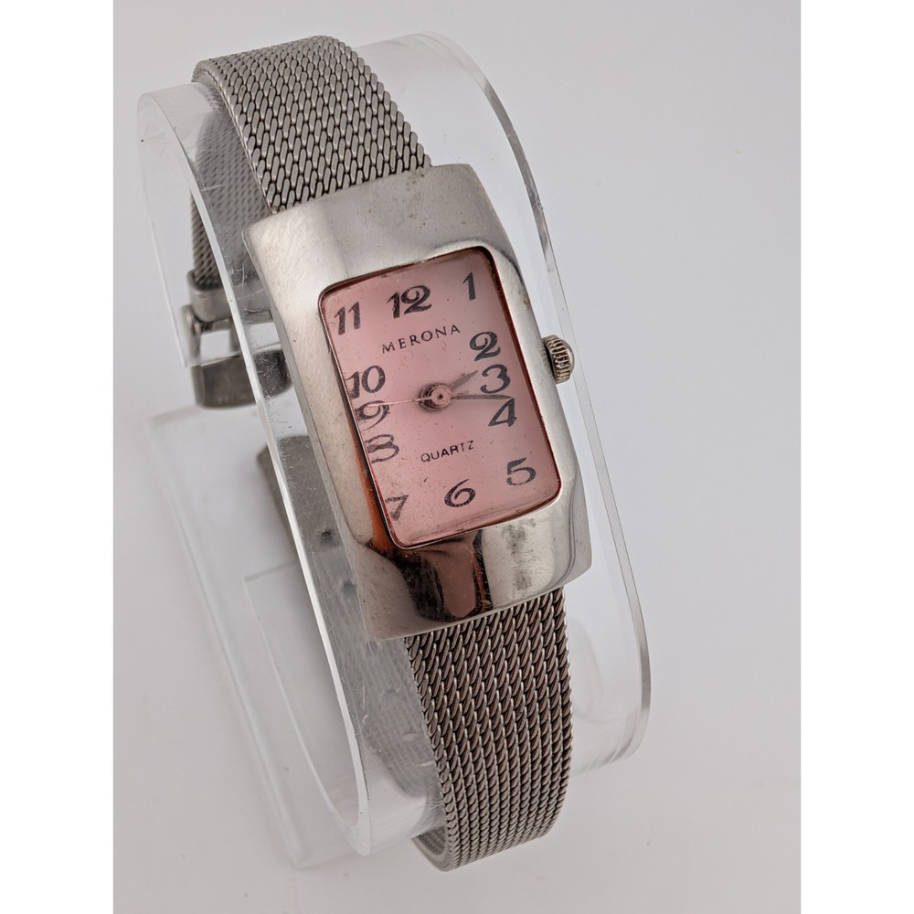 Merona Watch Women 18mm Case‎ Pink Dial Silver Mesh Metal Band- New Battery